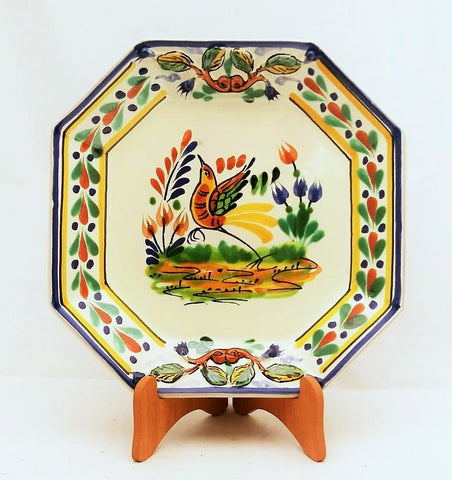 mexican-plates-octagonal-dinerware-table-decor-bird-motive-majolica-hand-painted-mexico