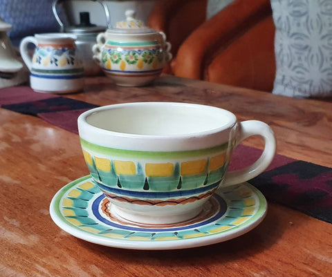 mexican-pottery-ceramic-tableware-cup-and-saucer-majolica-hand-painted-mexico-multicolors-V-coffee-drink different