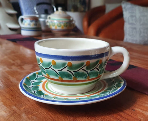 mexican-pottery-ceramic-tableware-cup-and-saucer-majolica-hand-painted-mexico-multicolors-V-coffee-drink different
