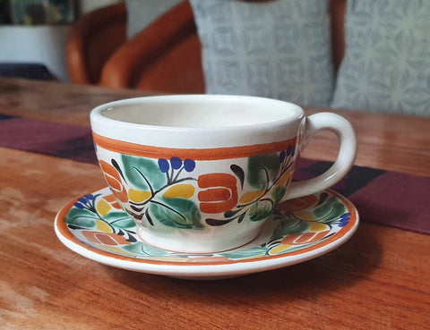 mexican-pottery-ceramic-tableware-cup-and-saucer-majolica-hand-painted-mexico-multicolors-coffee-drink different