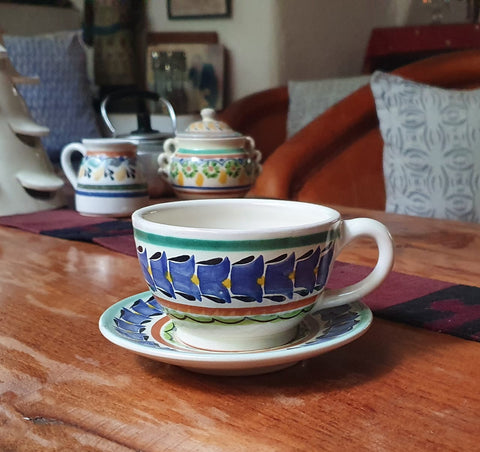 mexican-pottery-ceramic-tableware-cup-and-saucer-majolica-hand-painted-mexico-multicolors-V-coffee-drink different