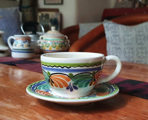 mexican-pottery-ceramic-tableware-cup-and-saucer-majolica-hand-painted-mexico-multicolors-X-coffee-drink different