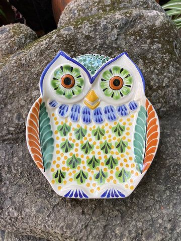 mexican owl plate snack dish folk art hand painted majolica mexico
