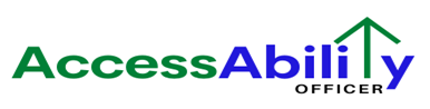 AccessAbility Officer logo. Access is green. Ability is blue, except for the t, which is represented by a green arrow pointing upward.