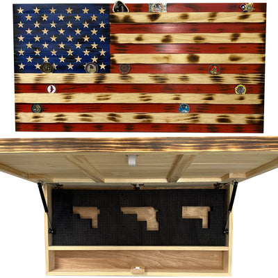 American Flag Challenge Coin Display and Hidden Gun Cabinet, Military Coin Holder Holds 100 Coins and is Ready to Hang, Large US Flag Patriotic Art 38.5