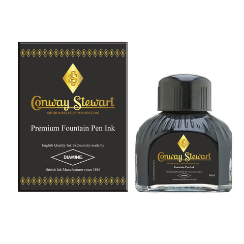 Conway Stewart Bottled Ink in a sophisticated glass bottle with a screw cap, featuring the classic Conway Stewart logo on the label, available in a variety of vibrant colours for a smooth and consistent writing experience.