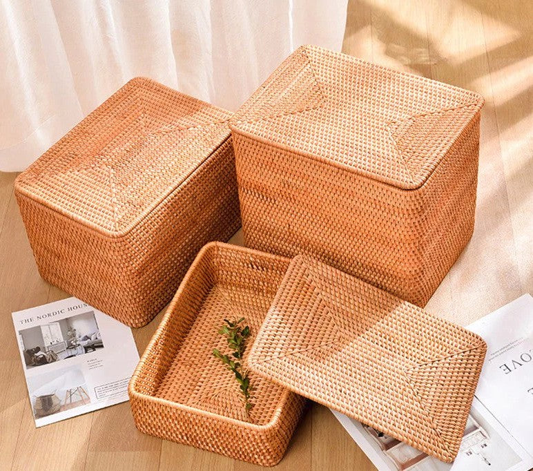 Woven Rattan Baskets, Rectangular Basket with Lid, Rectangular Storage Baskets, Storage Basket for Bedroom, Kitchen Storage Baskets