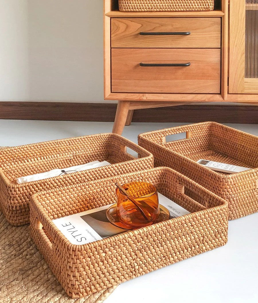 Woven Rectangular Basket with Handle, Rattan Storage Basket for Shelves, Woven Storage Baskets for Bathroom