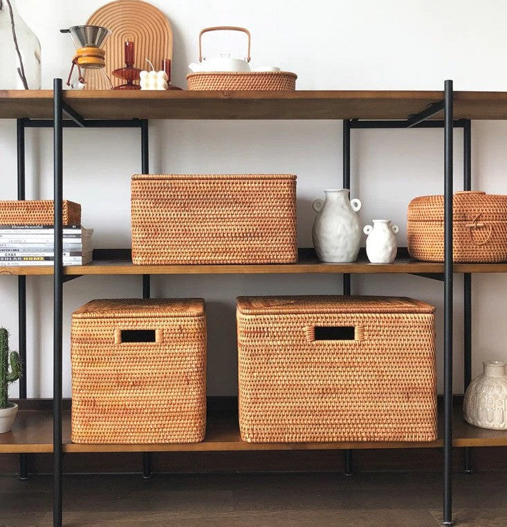 Woven Rectangular Storage Baskets, Rattan Storage Basket with Lid, Storage Baskets for Clothes, Extra Large Storage Baskets for Shelves