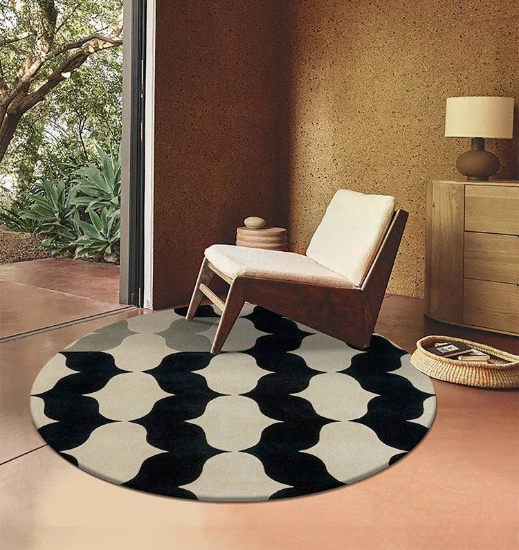 Abstract Round Modern Rug for Dining Room Table, Coffee Table Round Rugs, Black and White Modern Wool Rugs, Modern Wool Rugs for Living Room, Modern Rugs for Bedroom