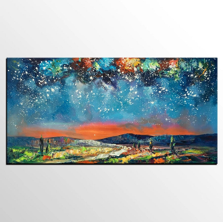Starry Night Sky Painting, Original Landscape Painting, Canvas Painting for Bedroom, Heavy Texture Canvas Art