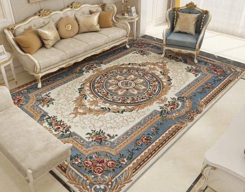 Dining Room Large Thick and Soft Flower Pattern Floor Rugs, Luxury Thick Blue Rugs for Living Room, Oversized Soft Floor Carpets in Bedroom