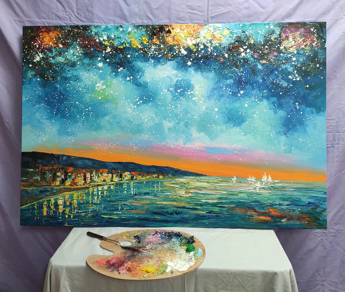 Landscape Canvas Paintings, Starry Night Sky Painting, Buy Paintings Online, Landscape Painting for Living Room, Original Painting on Canvas