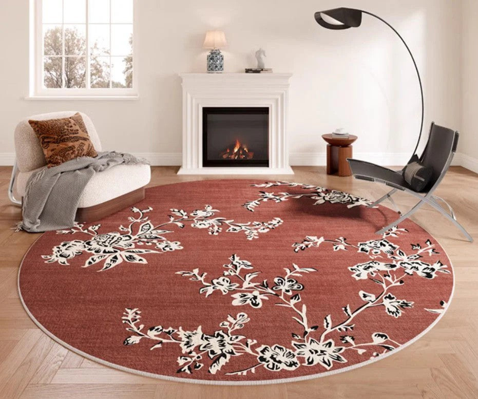 Abstract Contemporary Round Rugs, Modern Rugs for Dining Room, Flower Pattern Modern Rugs for Bathroom