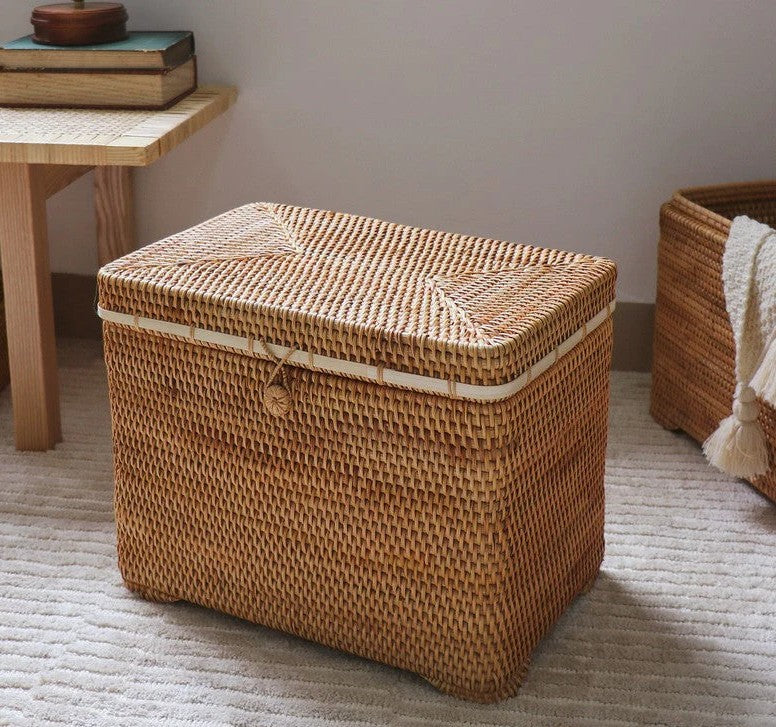 Large Rectangular Storage Basket with Lid, Rattan Storage Case, Storage Baskets for Bedroom, Woven Storage Basket