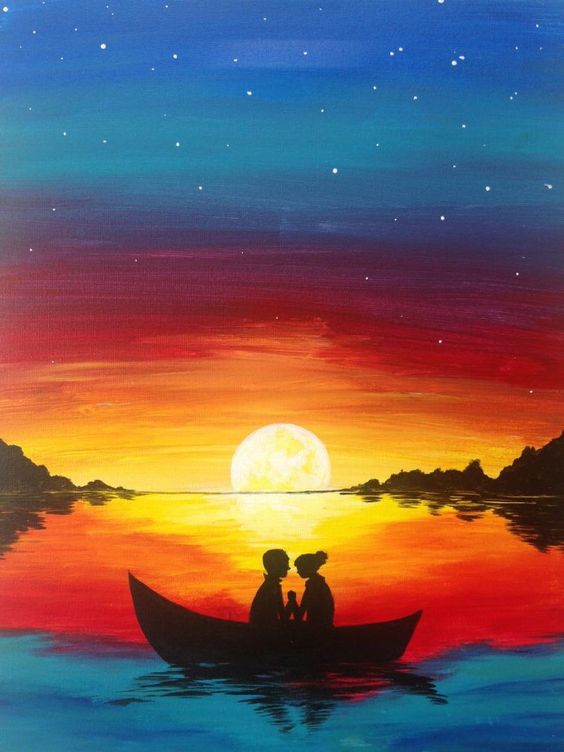 40 Easy Painting Ideas for Kids, Easy Acrylic Painting on Canvas, Easy Landscape Painting Ideas,  Simple Painting Ideas for Beginners, Easy Sunset Boat Wall Art Paintings