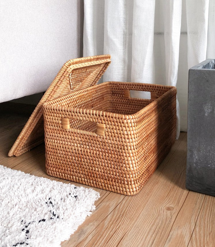 Extra Large Storage Baskets for Shelves, Wicker Rectangular Storage Baskets for Living Room, Rattan Storage Basket with Lid, Storage Baskets for Clothes