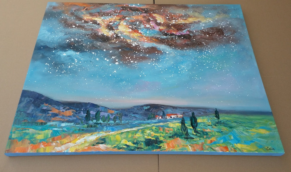 starry night sky painting, oil on canvas