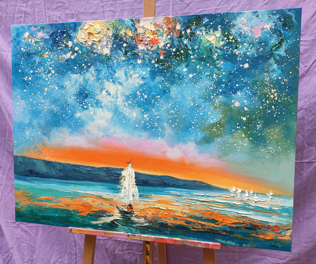 Landscape Canvas Painting for Living Room, Abstract Painting for Sale, Sail Boat under Starry Night Sky Painting, Buy Art Online