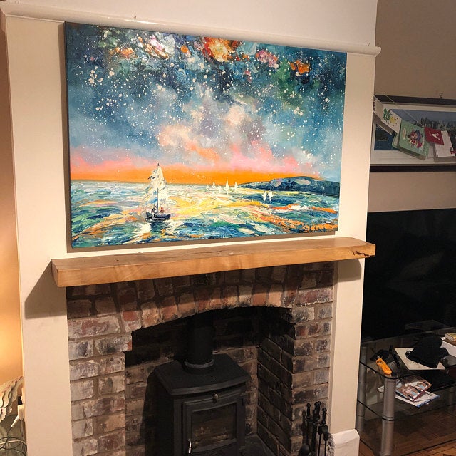 Sail Boat under Starry Night Sky Painting, Canvas Painting for Living Room, Original Landscape Paintings, Hand Painted Wall Art