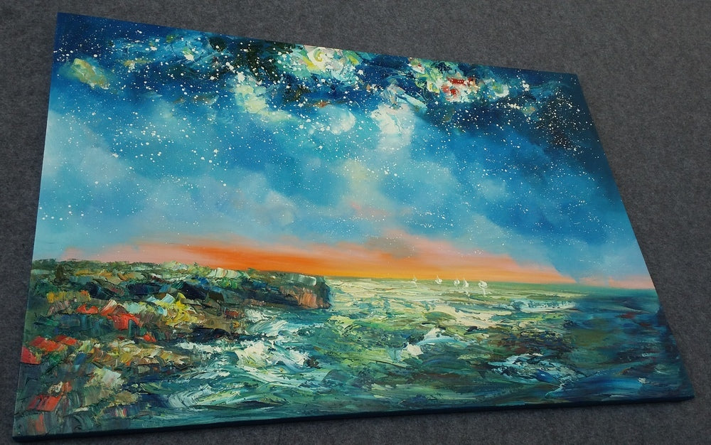 Night Sky Painting, Oil Painting on Canvas, Large Landscape Painting for Living Room, Seascape Paintings, Starry Night Sky, Original Paintings