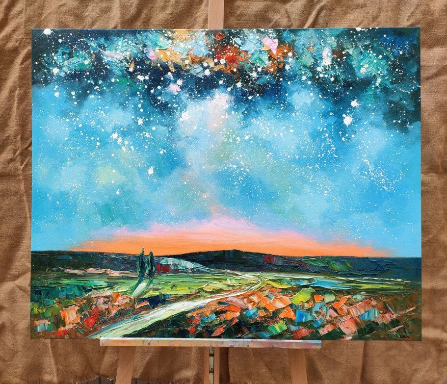 Starry Night Sky Painting, Landscape Canvas Painting, Oil Painting on Canvas, Modern Landscape Painting, Heavy Texture Painting