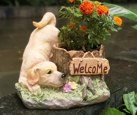 Large Dog Flowerpot, Resin Statue for Garden, Modern Dog Animal