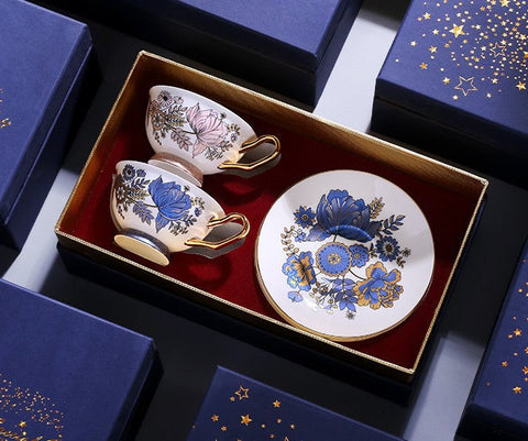 Blue Floral Harmony Ceramic Tea Cup Wedding Gift Sets - MASU