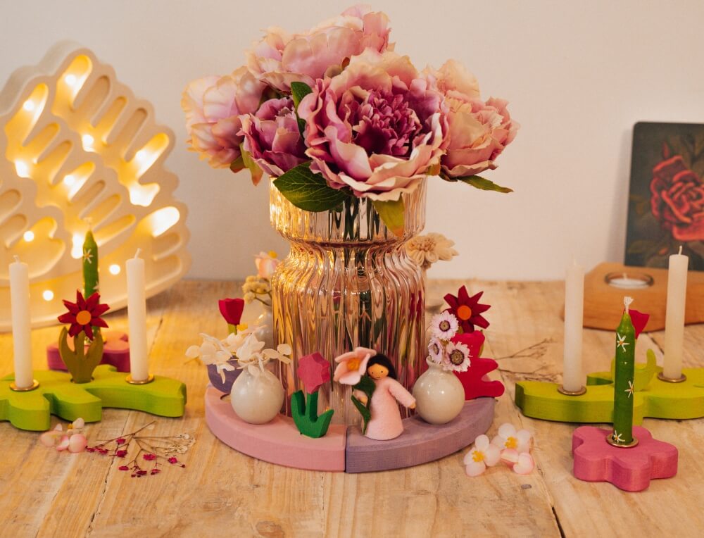 Valentine's Day Decorative Display featuring the Grimm's Pink and Purple Birthday Ring