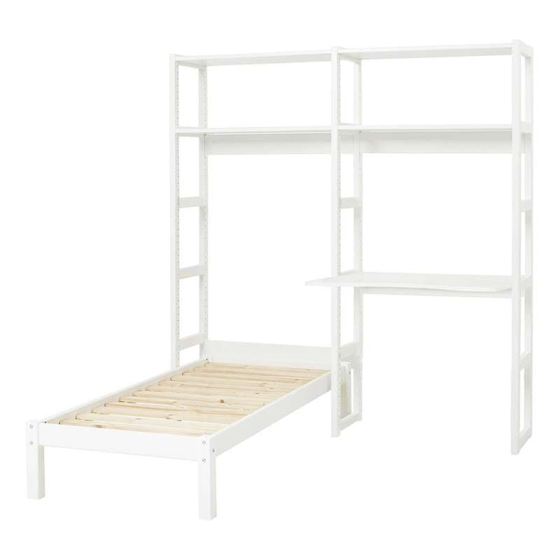 Hoppekids STOREY - Reol - 2 Sektioner m. 4 Hylder - Skriveplade og Seng (Flere Størrelser) - Hvid - 100 cm / 90x200 cm