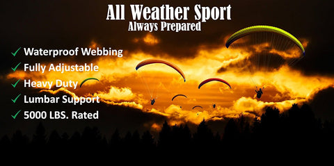 All Weather Sport, Always Prepared, Waterproof Webbing, Fully Adjustable, Heavy Duty, Lumbar Support, 5,000 LBS. Rated