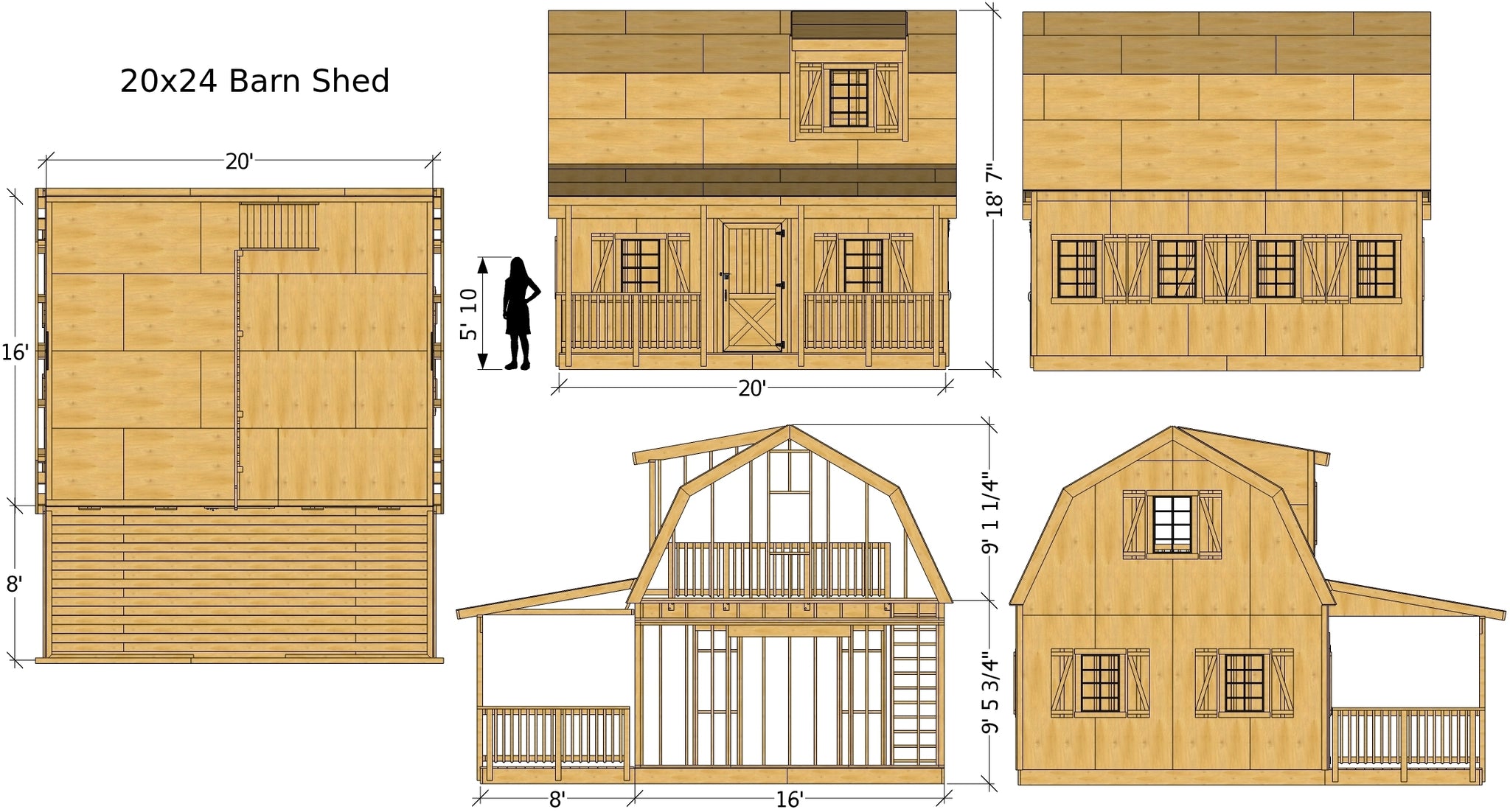 DIY Barn Shed Plans 3‑Sizes 2 Story &amp; Front Porch ...