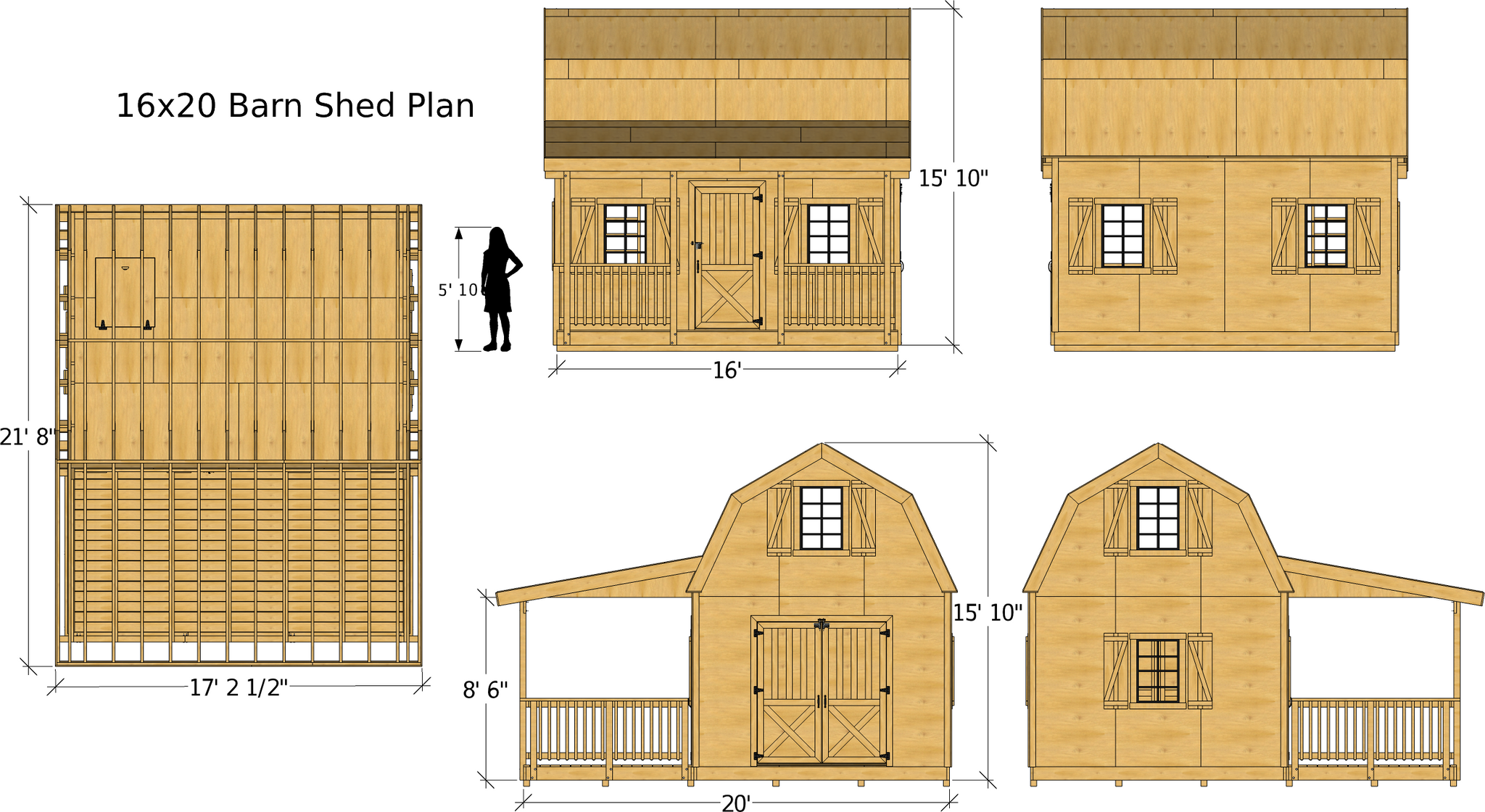 Diy Barn Shed Plans 3 Sizes 2 Story Front Porch Design