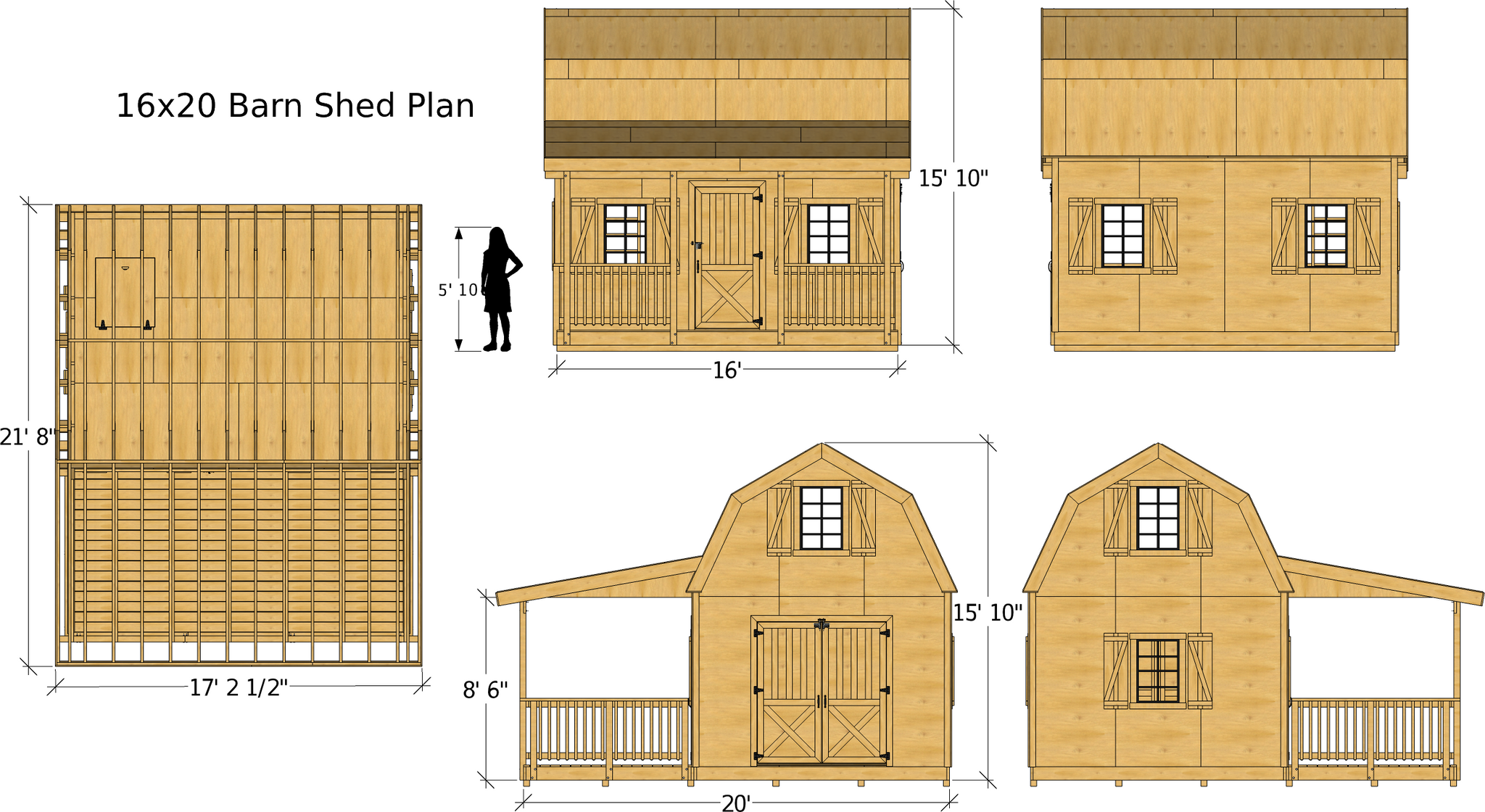 diy barn shed plans 3‑sizes 2 story & front porch