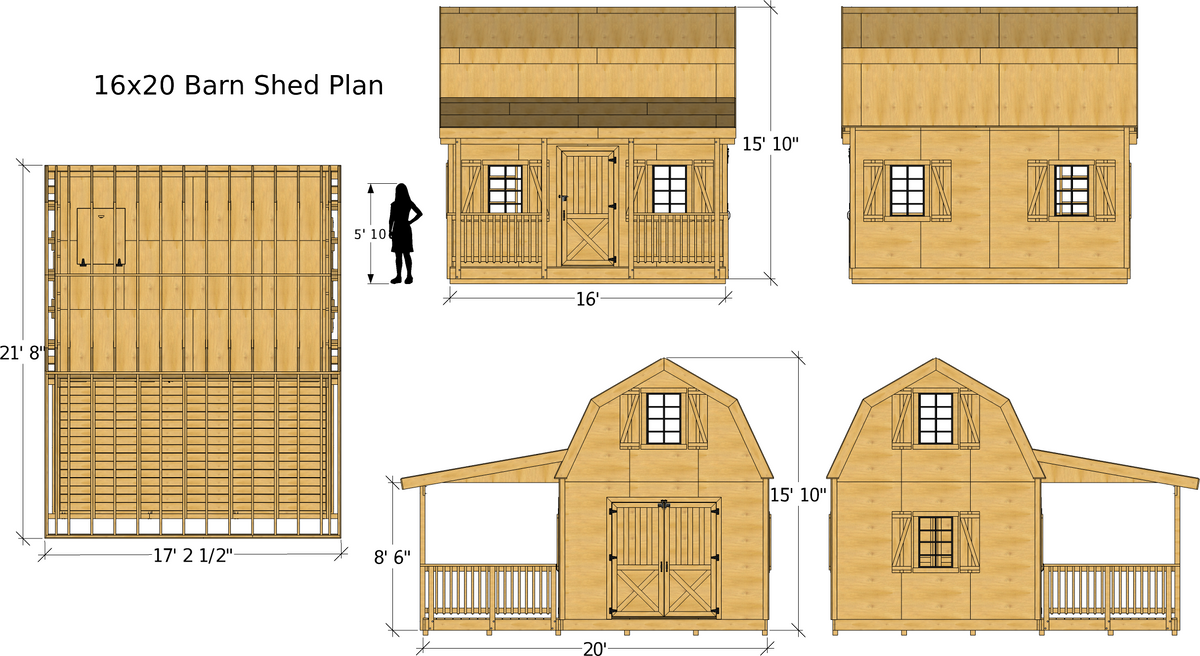 16x20 Barn Shed Plan | 2 Story, Porch Design â€