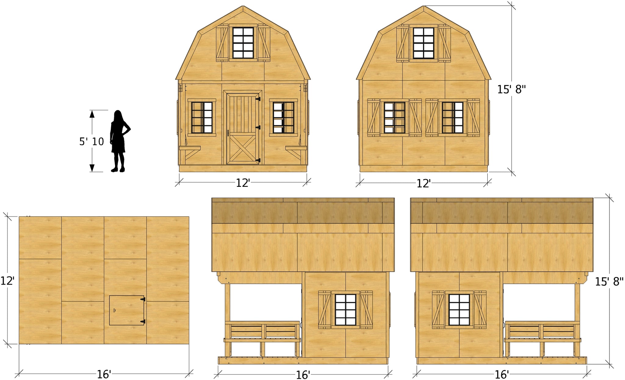 12x16 Eugene Shed Plan Gambrel Design w/ Loft Porch - Paul's Sheds