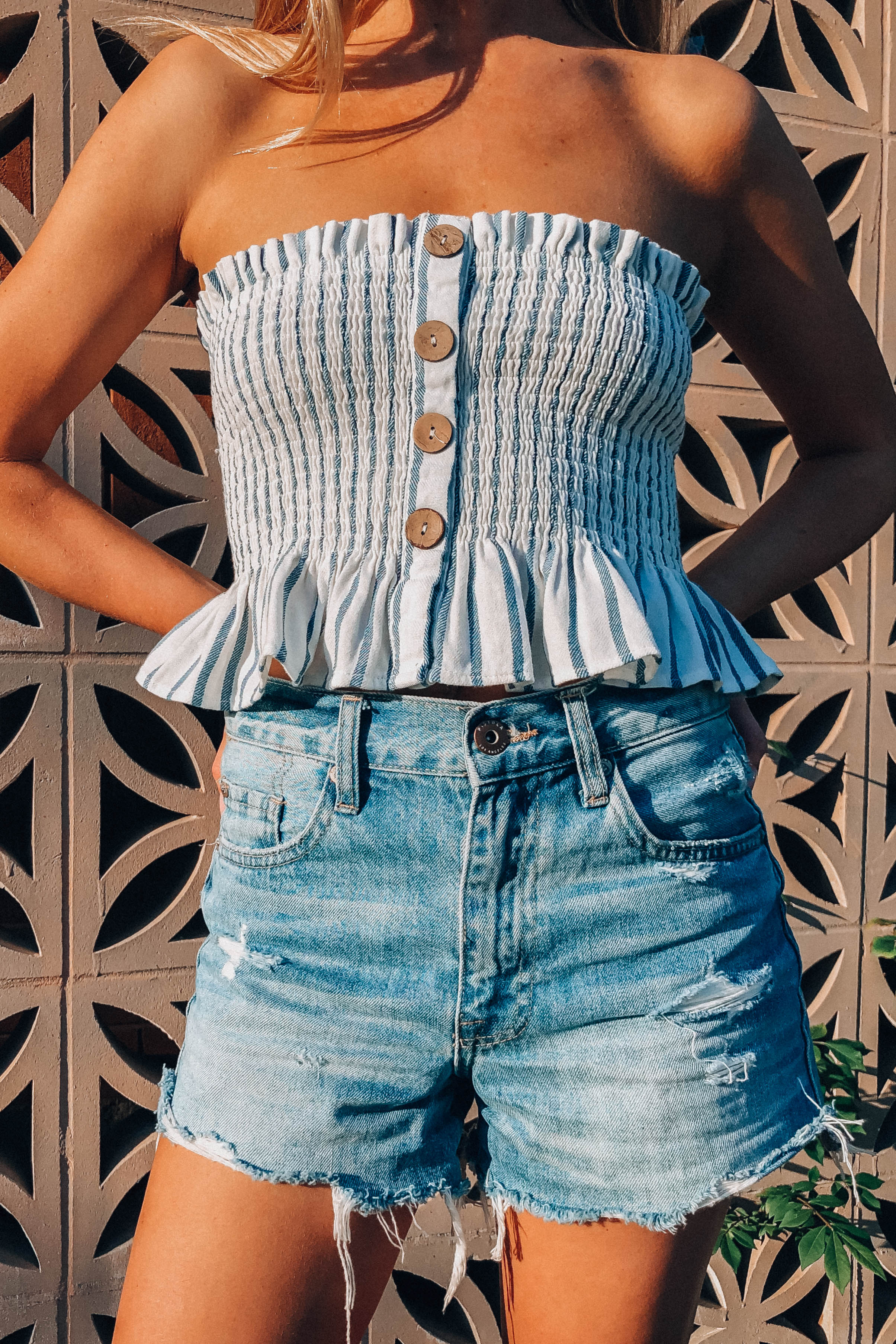 blue smocked tube top