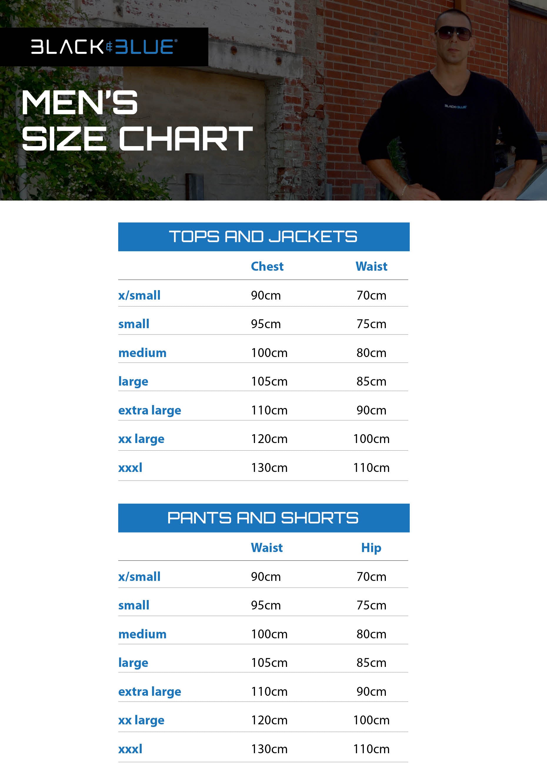 Black and Blue Men's Size Chart