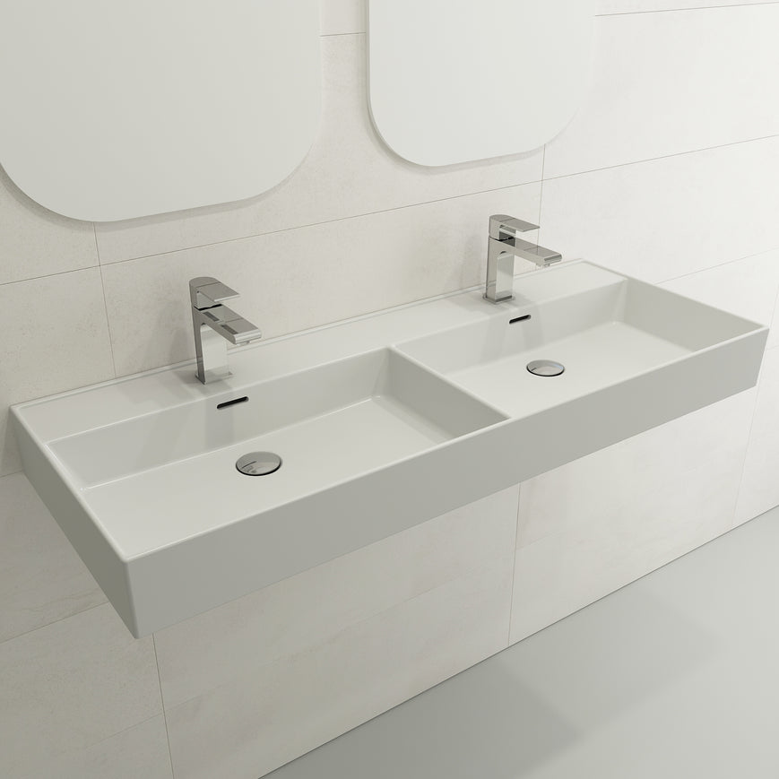BOCCHI Milano 48-inch Rectangle Wallmount Fireclay Bathroom Sink, Double Basin, Matte White, Single Faucet Hole, 1393-002-0132