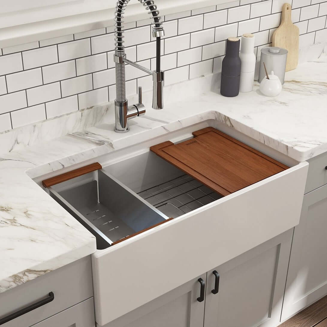 BOCCHI Contempo 33" Fireclay Workstation Farmhouse Sink with Accessories, White, 1504-001-0120