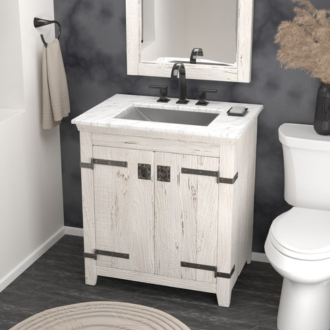 Native Trails 30-inch Americana Vanity in Whitewash with Carrara Marble Top and Avila in Brushed Nickel, 8-inch widespread faucet holes bnd30-vb-ct-cp-018