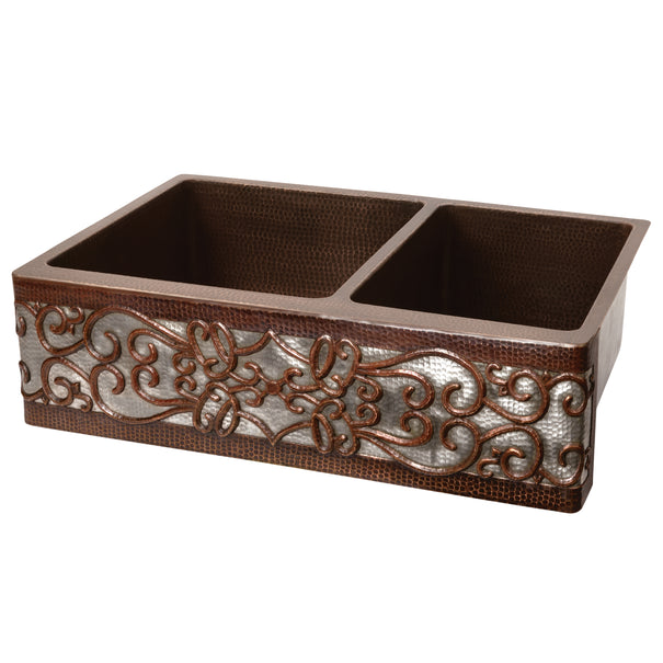 Premier Copper Products 33 inch Copper Farmhouse Sink, 60/40 Double Bowl, Oil Rubbed Bronze and Nickel, KA60DB33229S-NB