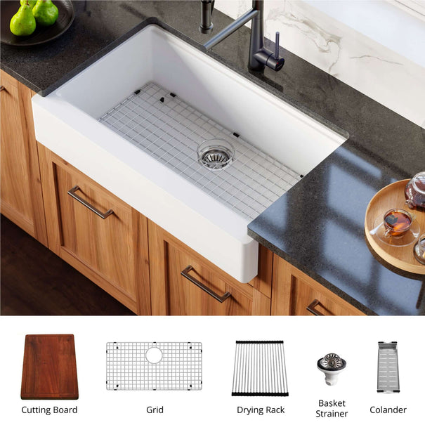Karran 34 inch Quartz Composite Retrofit Workstation Farmhouse Sink with Accessories, White, QARWS-740-WH
