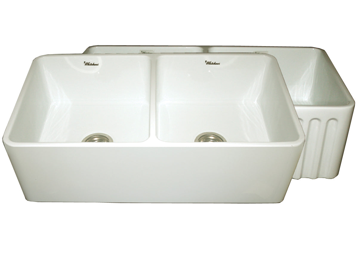 Whitehaus 33" Fireclay Double Bowl Farmhouse Apron Sink, Biscuit, WHFLPLN3318