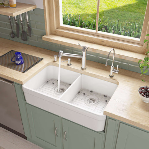 ALFI 32-inch Double Bowl Fireclay Farmhouse Apron Sink, White, AB512-W | The Sink Boutique