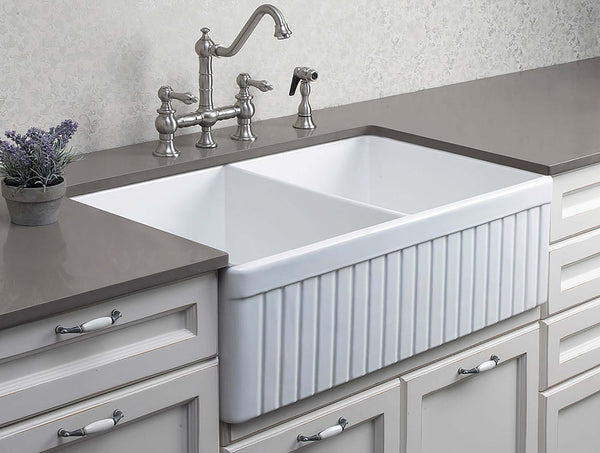 Alfi 32 Fluted Double Bowl Fireclay Farmhouse Apron Sink White Ab53