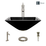 Rene 17" Square Glass Bathroom Sink, Noir, with Faucet, R5-5003-NOR-R9-7001-BN