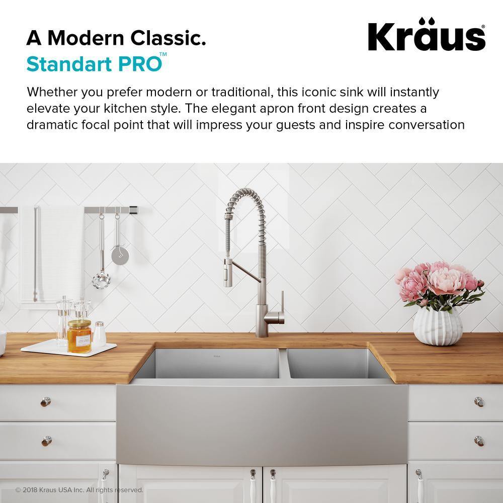 Kraus 36 Stainless Steel 60 40 Double Bowl Farmhouse Apron Kitchen Sink Khf203 36