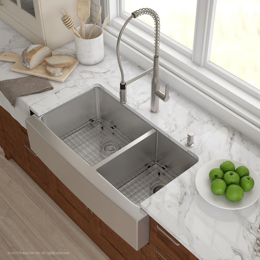 Kraus 36 Stainless Steel 60 40 Double Bowl Farmhouse Apron Kitchen Sink Khf203 36