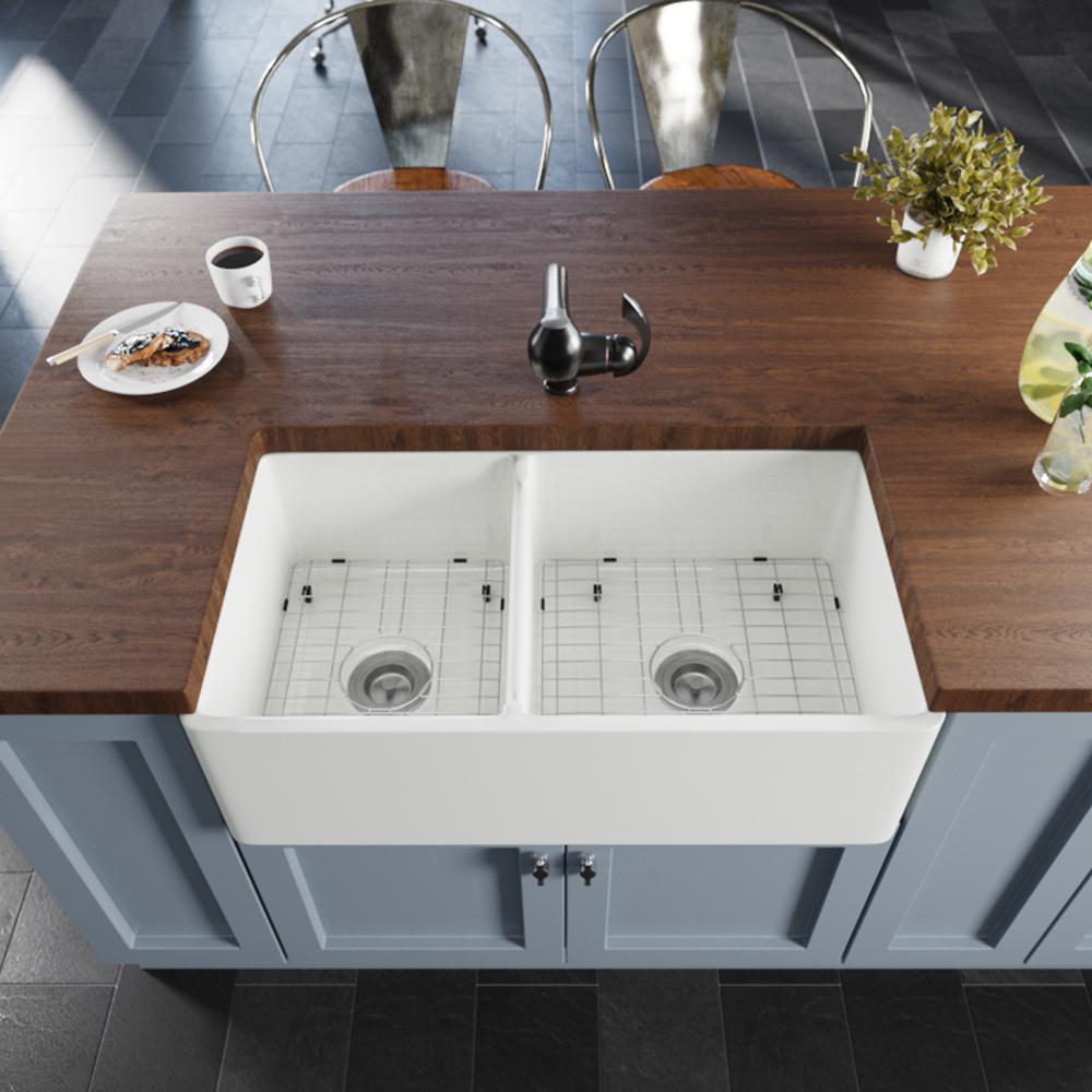 Rene 33 Fireclay Farmhouse Sink 60 40 Double Bowl White R10 3003 S